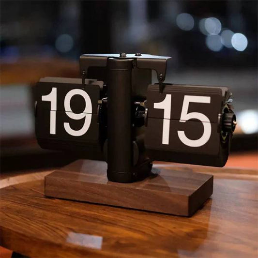 Retro Mechanical Auto Flip Desk Clock with Wooden Base-MM183