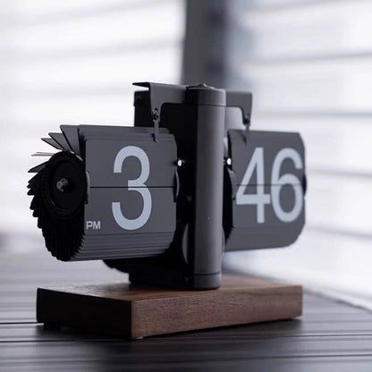 Retro Mechanical Auto Flip Desk Clock with Wooden Base-MM183