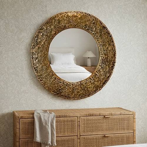 Golden Woven Pattern Round Wall Mirror (70 cm)-JD48
