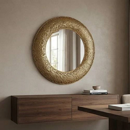 Golden Woven Pattern Round Wall Mirror (70 cm)-JD48